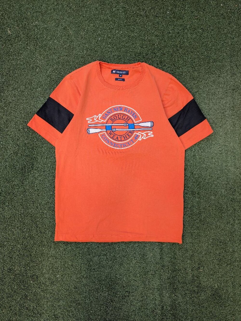 Gant Stitched Graphic Colourblock Tee Orange Black Mens M Slimfit Biker Style
